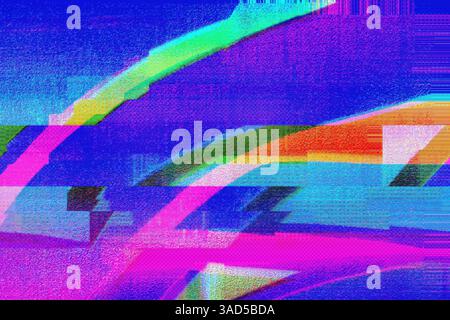 Lebendige Glitch Art in Neonpink, Blau, Grün für Retro 90s, Y2K Ästhetik Stockfoto