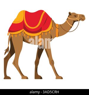 Niedliche dekorierte Kamel-Zeichentrick-Illustration. Das Kamel ist mit farbenfrohen Dekorationen verziert und zeigt ein verspieltes Design im Vektorstil, isoliert auf Stock Vektor