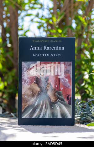 Nahaufnahme von Leo Tolstois Anna Karenina Roman im Garten. Stockfoto