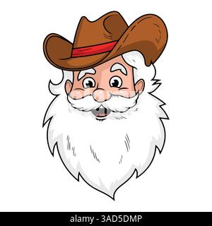 Klassischer Weihnachtsmann im Retro-Stil mit Cowboyhut und heißem Weihnachtsmotiv. Groovige Weihnachtsmann-Illustration im Stil der 70er Jahre, ideal für festliche Weihnachtsmotive und Stock Vektor