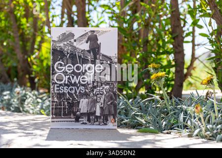 Close-up von George Orwells Essaybuch im Garten. Stockfoto
