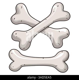 Set menschlicher Knochenskelettelemente. Enthält gekreuzte Knochen für Jolly Roger und Piratenflagge. Zeichentrick flache Illustration, auch ideal als Hundespielzeug Design Stock Vektor