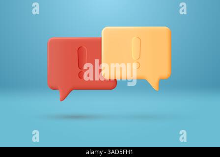 Rote und gelbe Symbole für 3D-Sprechblasen mit Ausrufezeichen auf blauem Hintergrund. Vektorabbildung. Stock Vektor