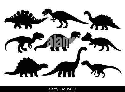 Vektorsatz isolierter Dinosaurier-Silhouetten. Enthält verschiedene prähistorische Arten in einem einfachen schwarzen Design. Perfekt für Lehrmaterialien, thematisch Stock Vektor