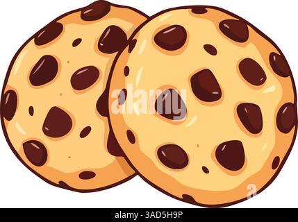 Zwei köstliche Schokoladenkekse stapeln sich in goldbrauner Farbe mit verstreuten dunklen Schokoladenkeksen. Stock Vektor