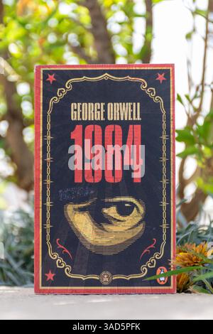 Nahaufnahme von George Orwells berühmtem dystopischen Social Science-Fiction-Roman 1984 im Garten. Stockfoto