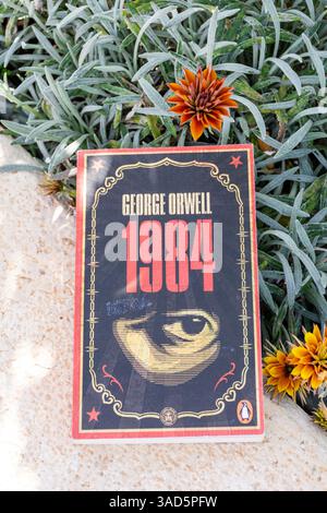 Nahaufnahme von George Orwells berühmtem dystopischen Social Science-Fiction-Roman 1984 im Garten. Stockfoto