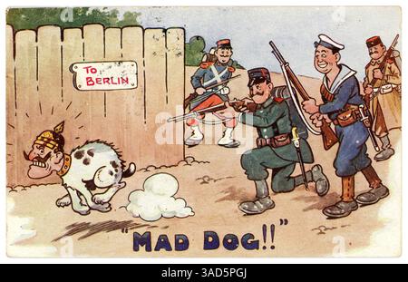 Ursprüngliche Anti-Kaiser-Propaganda-Postkarte aus dem 1. Weltkrieg. Kaiser Wilhelm II. War der letzte deutsche Kaiser und König von Preußen – der deutschen reichsstaaten. Hier kommen die Alliierten (Frankreich, Großbritannien und Russland) Belgien zu Hilfe, als ein belgischer Soldat einen verrückten Hund in der Kaiser-Karikatur abwehren will, ihn erschießt und ihn nach Berlin zurückschickt. Großbritannien kam nur widerwillig Belgien zu Hilfe (siehe Ausdruck auf dem Gesicht des Soldaten!). Deutschland marschierte im August 1914 in Belgien ein. Postkarte vom/ab 1914. Veröffentlicht von H.B. 53a Aldersgate St. London, Großbritannien Stockfoto