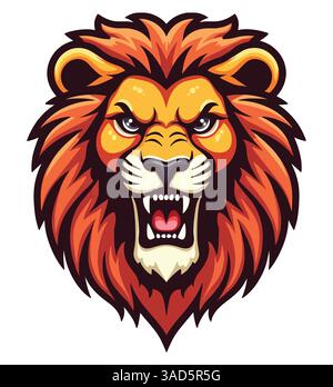 Logodesign mit Löwengesicht. Vektor-Illustration eines Löwenkopfes Emblem, perfekt für Sport- und E-Sport-Teams, sowie T-Shirt-Designs. Kühn und heftig, Stock Vektor
