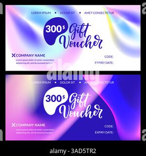 Geschenkkarten-Kollektion mit holografischem Farbverlauf und abstraktem Hintergrund. Vorlage zum Erstellen von Zertifikat, Rabattcoupon, Beleg. Vektor-bann Stock Vektor