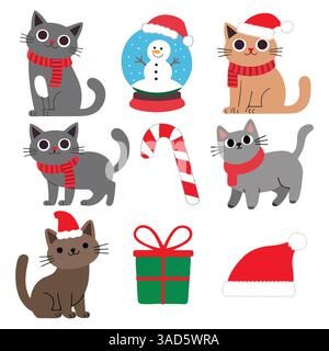 Frohe Weihnachten und Happy New Year Vektor Hintergrund. Sammlung von niedlichen Katzen mit Tüchern, Bändern und Hüten. Ideal für Banner, Marketing, Shop-Deko Stock Vektor