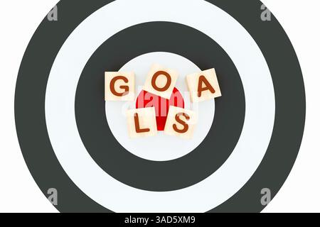 Holzbuchstaben blockieren die Rechtschreibung VON ZIELEN, die auf ein Bullseye-Ziel gesetzt werden, und symbolisieren Erfolg, Fokus und Leistung in der geschäftlichen und persönlichen Entwicklung. 3D i Stockfoto