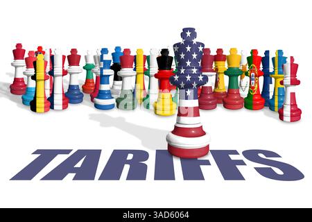 Schach aus EU-Mitgliedern und US-Flaggen. Zölle der Europäischen Union und der USA, Handelskrieg Stockfoto
