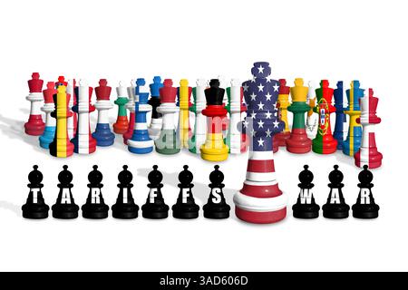 Schach aus EU-Mitgliedern und US-Flaggen. Zölle der Europäischen Union und der USA, Handelskrieg Stockfoto