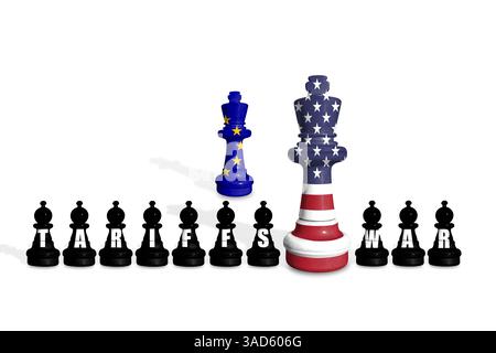 Schach aus EU- und US-Flaggen. Zölle der Europäischen Union und der USA, Handelskrieg Stockfoto