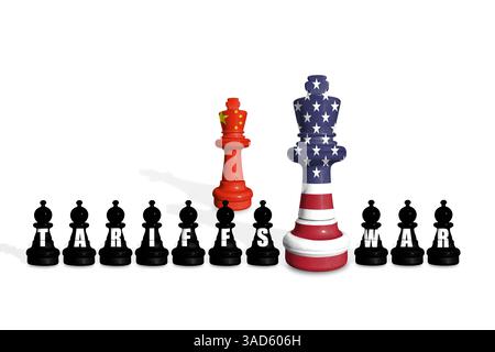 Schach aus EU- und US-Flaggen. Zölle der Europäischen Union und der USA, Handelskrieg Stockfoto