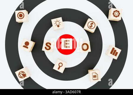 Wooden Letter blockiert die Rechtschreibung von seo auf einem Schwarzweiß-Ziel mit digitalen Symbolen, die Suchmaschinenoptimierung, Marketing und Ranking darstellen Stockfoto
