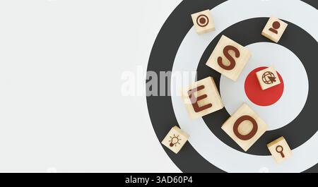 Wooden Letter blockiert die Rechtschreibung von seo auf einem Schwarzweiß-Ziel mit digitalen Symbolen, die Suchmaschinenoptimierung, Marketing und Ranking darstellen Stockfoto