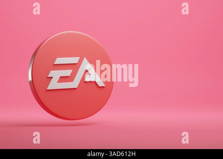 Buenos Aires, Argentinien - 4. April 2025: Electronic Arts Logo in drei Dimensionen mit Kopierraum. 3D-Abbildung. Stockfoto