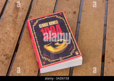 Nahaufnahme von George Orwells Roman auf einem Holztisch aus dem Jahr 1984. Stockfoto