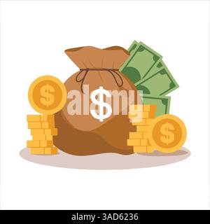 Geldbeutel, Dollarmünzen und Banknoten in flachem Design. Vektorillustration, die Budget, Anlagegewinn, Einkommen oder Vermögenswerte darstellt, ideal für Finanzen Stock Vektor