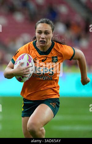 Singapur National Stadium, Singapur. April 2025. HSBC International Rugby Sevens Singapur Tag 1; Ruby Nicholas aus Australien erzielt einen Versuch gegen Japan Credit: Action Plus Sports/Alamy Live News Stockfoto