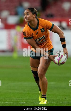 Singapur National Stadium, Singapur. April 2025. HSBC International Rugby Sevens Singapore Day 1; Faith Nathan aus Australien übergibt den Ball Credit: Action Plus Sports/Alamy Live News Stockfoto