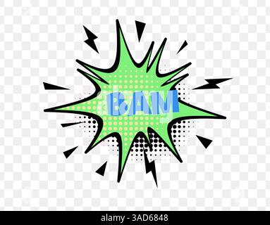 BAM-Text im Comic-Stil in grünem Sternenmuster mit Rasterpunkten und blauer Schriftart, perfekt für Action-Effekte, Pop-Art-Designs oder lustige explosive Grafiken. Fett Stock Vektor