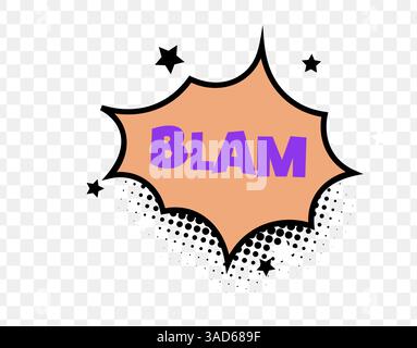BLAM-Text im Comic-Stil in Orange Burst mit Rasterpunkten und lila Schriftart, ideal für Action-Sounds, Pop-Art-Grafiken und lustige explosive Effekte. Retro Stock Vektor