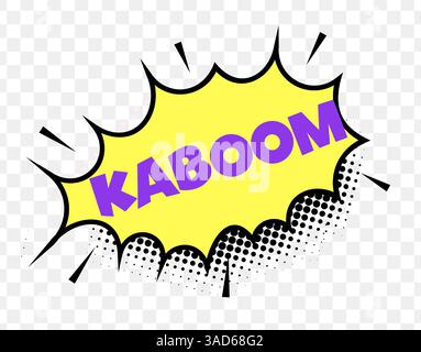 Kaboom-Text im Comic-Stil in Gelb mit lila Schrift und Rasterpunkten, perfekt für explosive Action-Designs, Pop Art Comics oder lustige Soundeffekte Stock Vektor