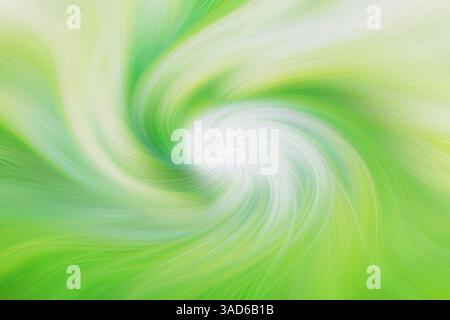 Ein lebendiges abstraktes Bild mit einem wirbelnden Wirbel aus hellgrünen und weißen Farbtönen, das von einem zentralen Punkt ausgeht. Die Farben verschmelzen und verdrehen sich Stockfoto
