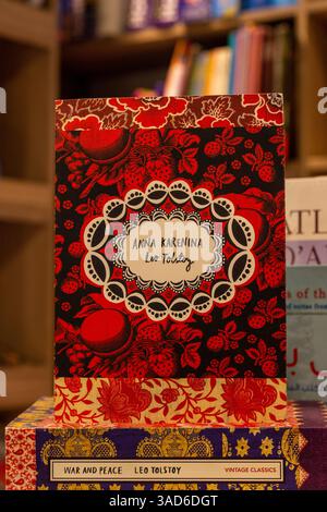 Nahaufnahme von Leo Tolstois Roman Anna Karenina in der Buchhandlung. Stockfoto