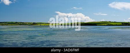 Ruhige Gewässer erstrecken sich über Inchydoney Island in Irland und bezaubern Besucher mit ihren lebhaften Grün- und Blautönen. Der weitläufige Himmel bietet ein flauschiges Whei Stockfoto