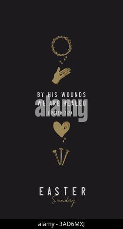 Durch seine Wunden sind wir geheilt, Ostersonntag-Banner-Design mit Ikonen der Karwoche. Kreatives Konzept mit Dornenkrone, Hand, Herz und drei Nägeln Stock Vektor