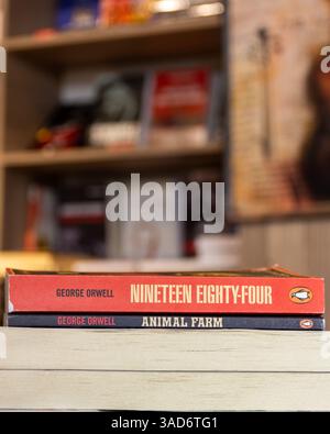 Nahaufnahme von George Orwells berühmten dystopischen Romanen 1984 und Animal Farm im Buchladen. Stockfoto