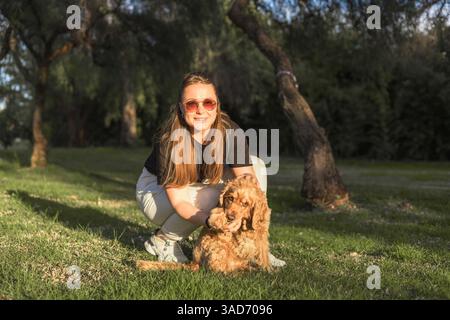 Eine Frau steht in einem leuchtend grünen Park und beschäftigt sich mit ihrem Cocker Spaniel. Sie hält ein Spielzeug in der Hand, während der Hund aufmerksam sitzt und seinen Gastrott präsentiert Stockfoto