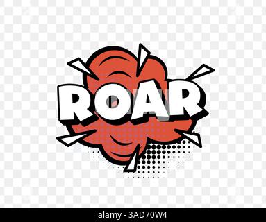 Roar Text im Comic-Stil in Red Cloud Burst mit Rasterpunkten und Fett-weißer Schriftart, ideal für Tiergeräusche, Pop Art Poster und Superheldeneffekte Stock Vektor
