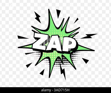 Zap Text im Comic-Stil in grüner Explosion mit Rasterpunkten und Fettschrift, ideal für Pop-Art-Effekte, Superhelden-Action-Sounds und lustige Designs Stock Vektor