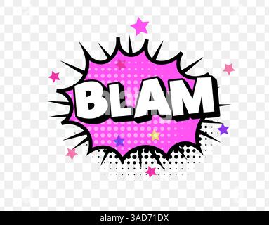Blam Text im Comic-Stil in Pink Burst mit Sternen und Halbtonpunkten, perfekt für Pop-Art-Poster, Superhelden-Soundeffekte und lustige Reaktionen. Fett Stock Vektor
