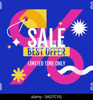 Design-Vorlage für Werbebanner für den Verkauf. Vektor bunte abstrakte geometrische flache Illustration mit Etikett-Tag und Prozentsymbol. Trendiger Rabattgutschein, Stock Vektor