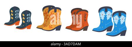 Set von Cowgirl Stiefeln isoliert, Vektor flach blau, rot, gelb Stiefel, Vintage Stil Stock Vektor