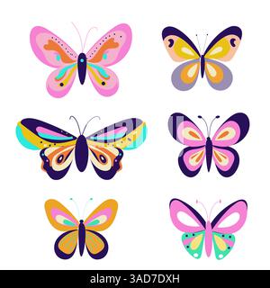 Set von groovigen btterfly flachen Vektor-Stil Boho Schmetterlinge Stock Vektor