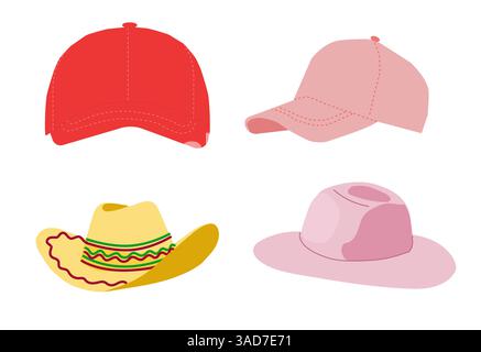 Set aus isolierten Kappen und Hüten für Männer und Frauen, flache Unisex-Bekleidung Stock Vektor