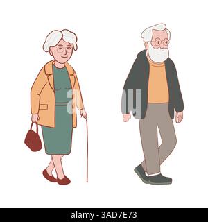 Ein paar alte Leute laufen. Alte Frau und alter Mann isoliert, Zeichentrick, flacher Stil Stock Vektor