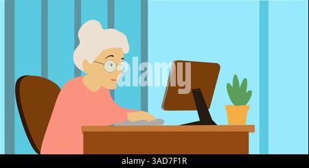 Eine alte Frau, die am Tisch sitzt und im Schrank surft und auf den Computer im Zimmer blickt. Konzept Stock Vektor