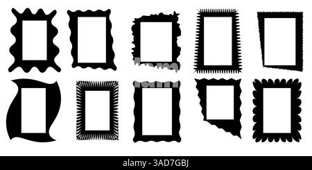 Squiggle Stories-Rahmen-Set. Gejaggerte Kanten, Retro-Muschelrahmen, Psychedelic, Bilderrahmen, groovige Formen Set Stock Vektor