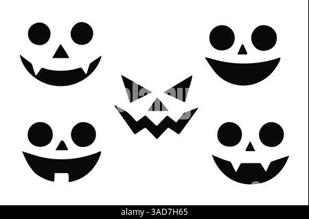 Ein Set gruseliger Monster-Gesichter mit Kürbissymbolen von Jack O' Lantern. Gruselige Horror-Illustrationen, ideal für Halloween-Designs und gruselige Dekorationen. Stock Vektor