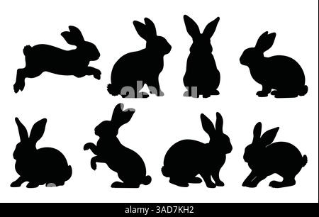 Set von Osterhasen-Silhouetten isoliert auf weißem Hintergrund. Verschiedene Hasenpositionen, perfekt für Dekorationen, Drucke und festliche Designs. Stock Vektor