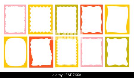 Squiggle Stories-Rahmen-Set. Gejaggerte Kanten, Retro-Muschelrahmen, psychedelische Rechtecke, Bilderrahmen, groovige Formen Set Stock Vektor