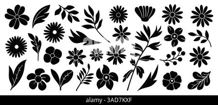 Set mit Blumen- und Blattsilhouetten. Handgezeichnete Blumenelemente wie Wildblumen, Gartenblüten und verschiedene Blätter. Schwarz-weiße Umrandung illus Stock Vektor